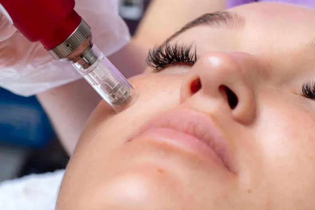 Close-up of a person receiving a microneedling treatment on the cheek, with a red dermapen held by a gloved hand. The setting is clinical and focused.